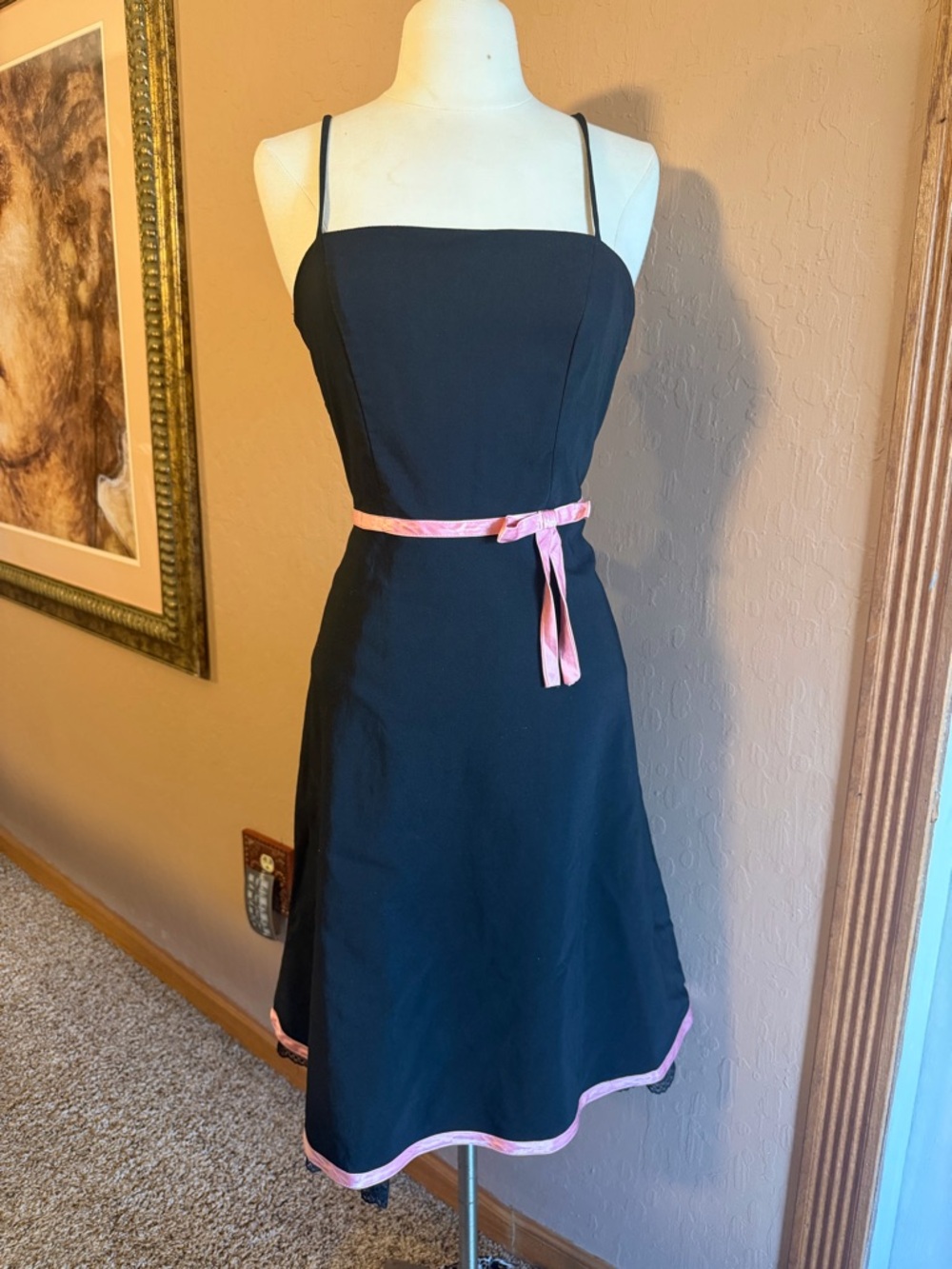 Buyer too! Vintage 90s Black Midi Dress with Pink Trim and Waist Tie size 7